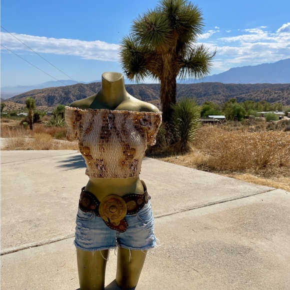 SANS SOUCI Sequin Camo OFF SHOULDER Stretch Fit Crop TOP O/S As-Is - Picture 13 of 16